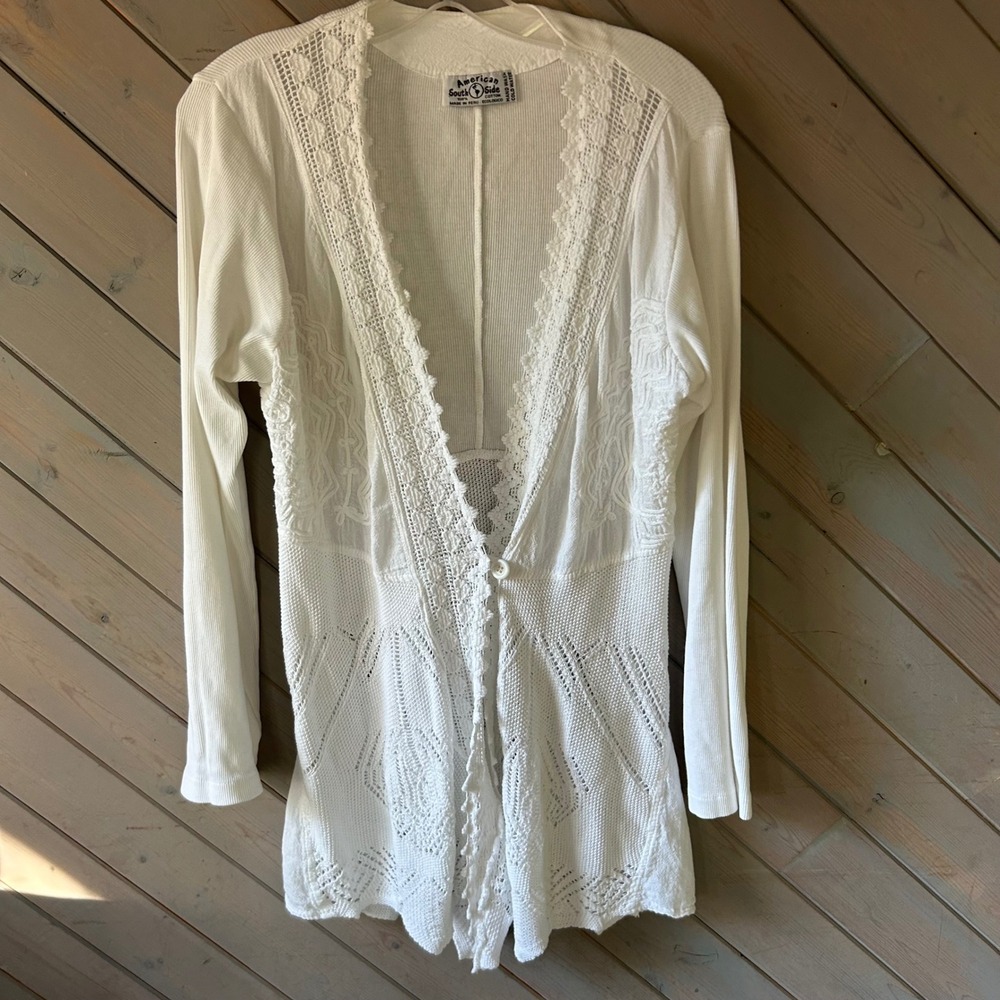 American South Side White Cotton Crochet Lace Cardigan Bohemian Knit Top Peru‎